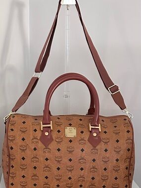 MCM Tan Cognac Monogram Duffel with Brown Leather Handles